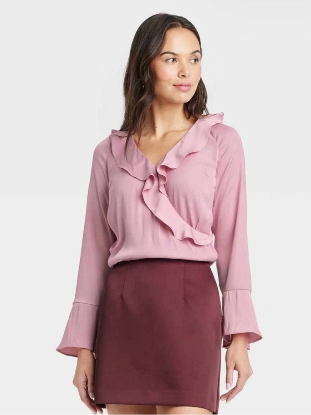 a new day Dusty Rose Ruffle V-Neck Long Sleeve Blouse